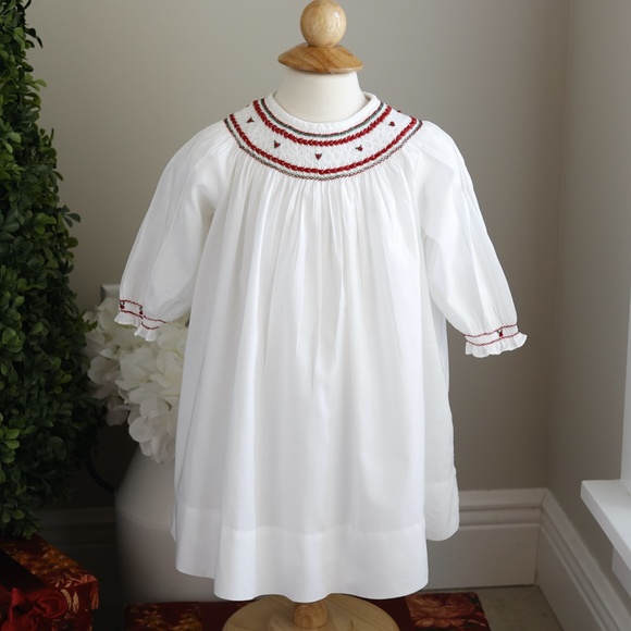 Strasburg Dress Smocked Long Sleeve Bishop White Red Holly Embroidery NWOT - Picture 1 of 6